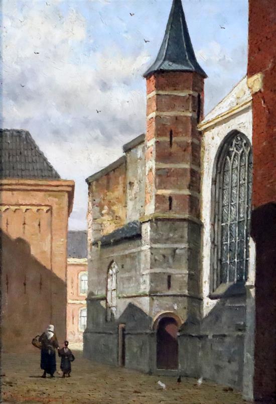 Johannes Jacobus Mittertreiner (Dutch, 1851-1890) Figures passing a church 8.75 x 6.25in.